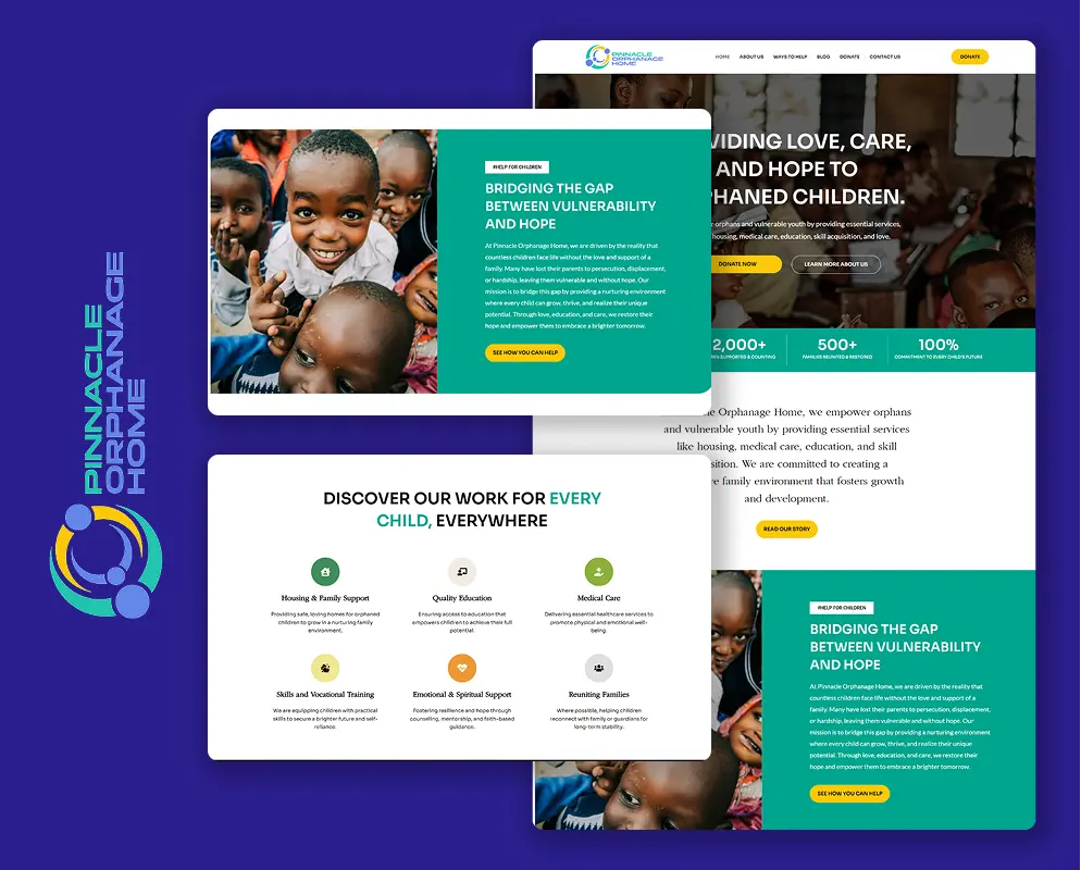 An NGO website mockup for Pinnacle Orphanage Home
